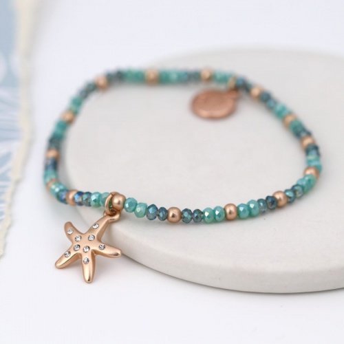 Aqua Bead and Rose Gold Starfish Bracelet by Peace of Mind
